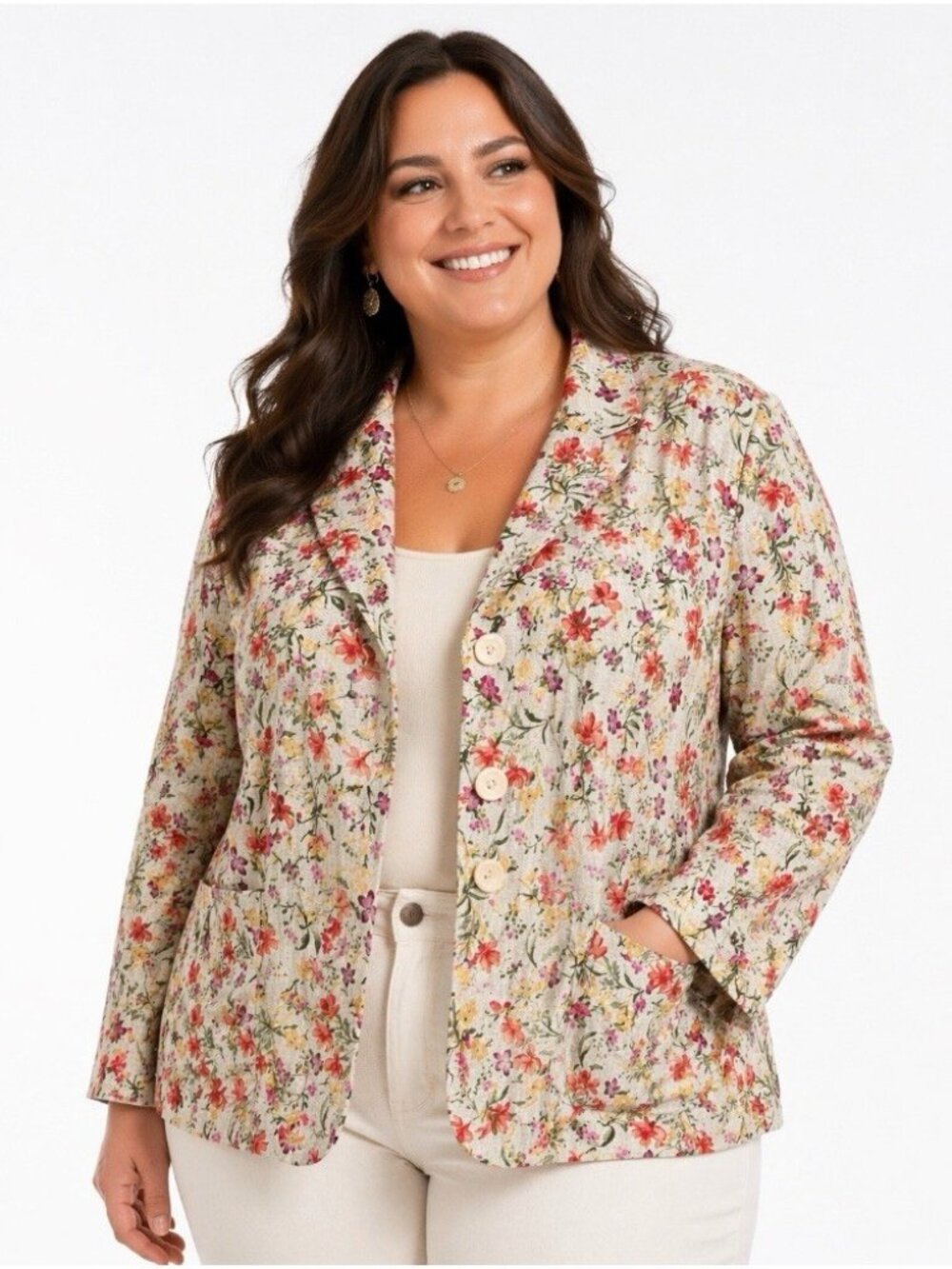JM Collection Plus Size 20W Linen Blazer Jacket Floral 3 Button Cottage Spring